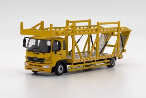 Yellow Hino Ranger 1:64 diecast metal transport truck model with open steel frame