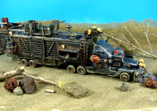 Custom 1/64 diecast war rig truck with armored cage trailer, dark gray and yellow details