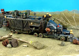 Custom 1/64 diecast war rig truck with armored cage trailer, dark gray and yellow details