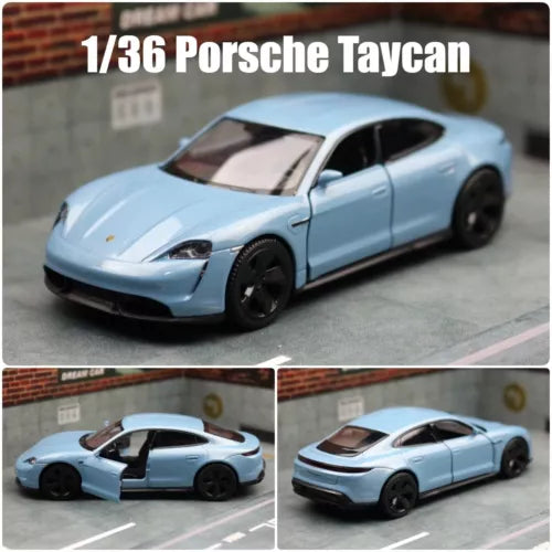 Light blue 1:36 diecast toy sports car model with black wheels and windows.