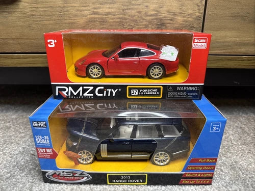 Diecast car joblot bundle: Porsche and Range Rover model cars in display boxes