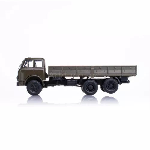 Dark green 1:43 scale diecast truck with cab and long flatbed cargo