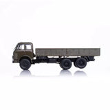 Dark green 1:43 scale diecast truck with cab and long flatbed cargo
