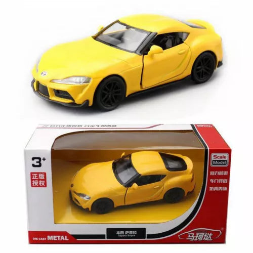Yellow diecast sports car model in retail box, metal pull-back toy, scale model vehicle