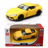 Yellow diecast sports car model in retail box, metal pull-back toy, scale model vehicle
