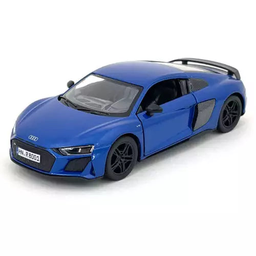 1:36 scale blue diecast sports car model with black wheels, Kinsmart
