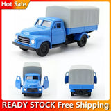 Blue diecast truck model with gray enclosed cargo box, front and side angles