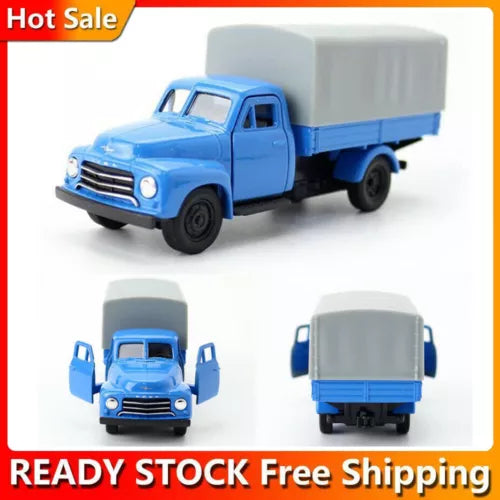 Blue 1952 Opel Blitz diecast truck model with gray box, front and rear views.