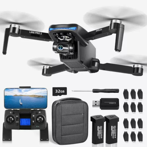 Foldable quadcopter drone with camera and 3-axis gimbal, plus controller and batteries