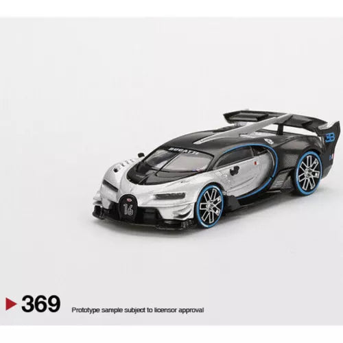 1:64 diecast model car with silver body, black accents, blue wheels, rear wing