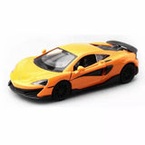 Orange diecast model car toy with black wheels and roof, side view