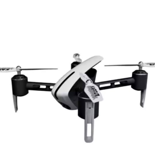 White quadcopter drone with front camera and four propeller arms