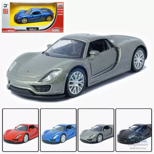 1:36 diecast supercar model, grey body, silver wheels, open hood