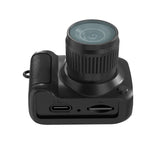 Black pocket camcorder with large lens and USB port, keychain-style clip