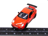 Orange and black 1:36 diecast sports car toy with rear spoiler, front view
