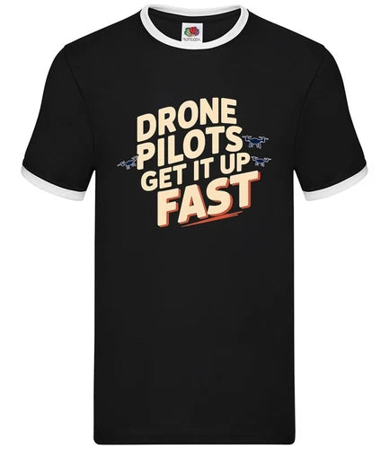 Men's black ringer T-shirt with 'DRONE PILOTS GET IT UP FAST' front print