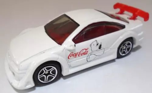 White 3-inch diecast sports car with Coca-Cola Polar Bear side graphic and red accents