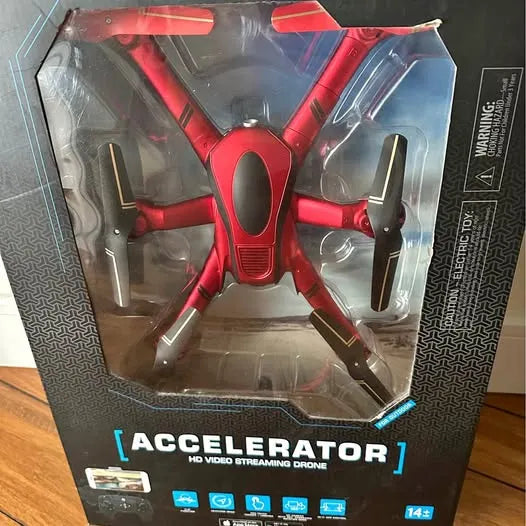 Red accelerator video streaming drone in retail box with two side controller antennas