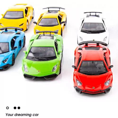 Diecast model car set with multiple Lamborghini front views, green, red, yellow, blue