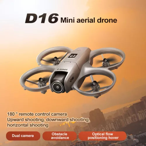 Mini aerial drone with four propellers and front camera, gray body