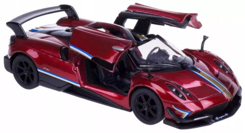 Maroon and red Pagani Huayra BC diecast model car, open hood, 1:36 scale