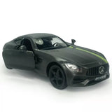 1/36 scale AMG GTS diecast car in metallic gray, black wheels, front 3/4 view