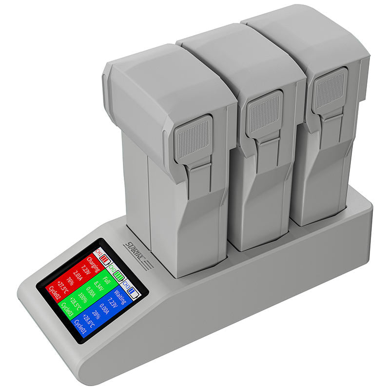 Intelligent battery charger hub with three battery slots and LCD charging screen