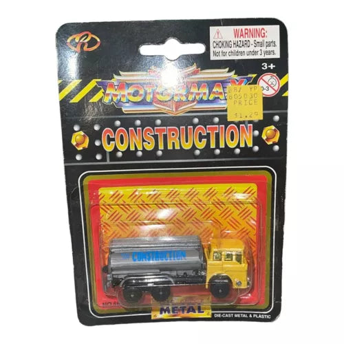 Diecast construction tanker truck in blister pack, yellow and silver with black wheels
