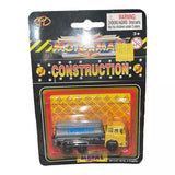 Diecast construction tanker truck in blister pack, yellow and silver with black wheels