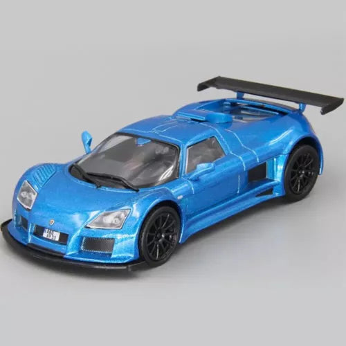 1:43 scale diecast sports car, blue with black wheels, front three-quarter view