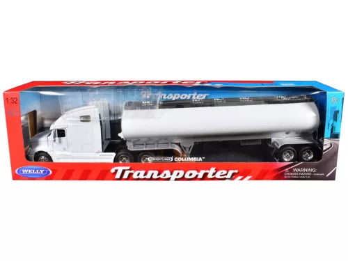 1:32 diecast tanker truck model with white cab and cylindrical tanker trailer