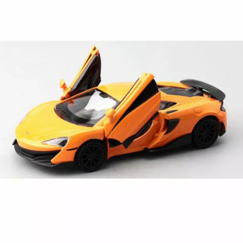 Orange diecast model car with black wheels and open scissor doors