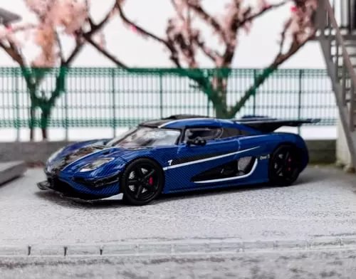 Blue diecast sports car model with black wheels, side view