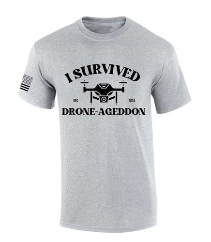 Grey crewneck T-shirt with black drone graphic and text 'I survived Drone-Ageddon'