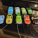 Toy die-cast car vehicles set with multiple colorful cars in display tray