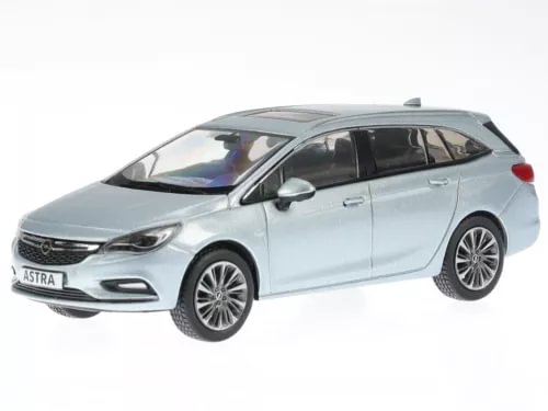 Opel Astra K Sportstourer 2018 light blue diecast model car, 1:43 scale, front 3/4