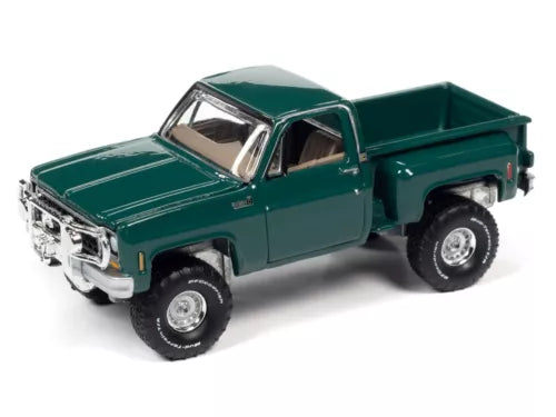 Green 1:64 scale 1980-style Chevy custom pickup diecast truck with open bed