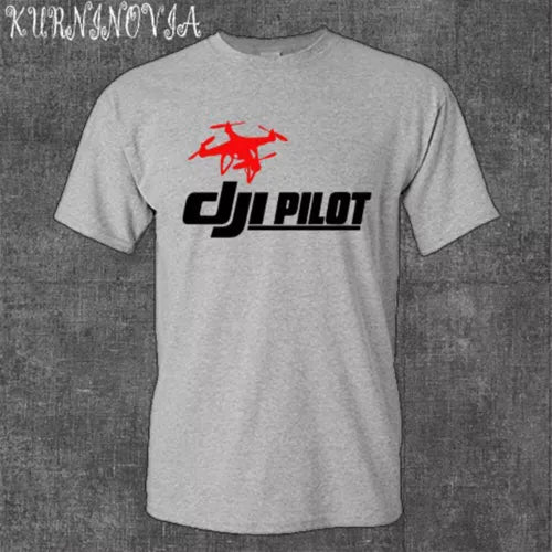 Gray men’s T-shirt with DJI Pilot logo and red graphic on the front