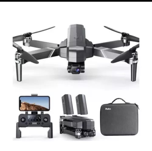Gray quadcopter drone with 2-axis gimbal, 4K camera, controller, and carrying case