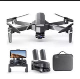 Gray quadcopter drone with 2-axis gimbal, 4K camera, controller, and carrying case