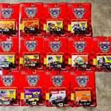 Set of 13 NASCAR 50th anniversary diecast cars in red blister boxes, checkered cards