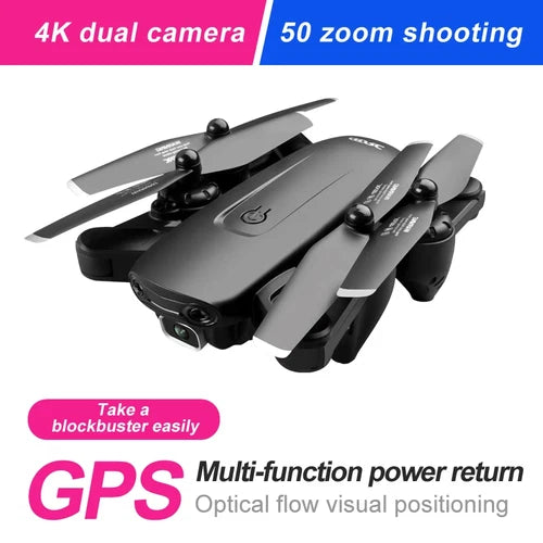 Foldable GPS drone with front camera and four propellers, gray body