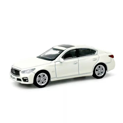 1:64 scale white Infiniti Q50S diecast model car, front three-quarter view