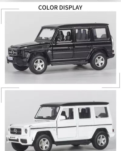Mercedes Benz diecast SUV model car, black side view with open windows