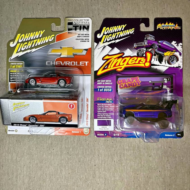 Johnny Lightning diecast car blister pack with two vehicles, purple and red