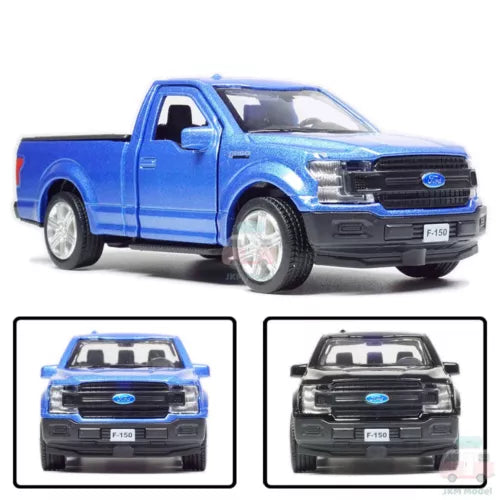 Blue diecast Ford F-150 pickup truck model toy with chrome grille, front three-quarter view