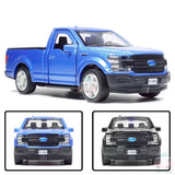 Blue diecast Ford F-150 pickup truck model toy with chrome grille, front three-quarter view