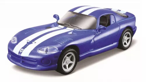 Blue diecast model sports car with white racing stripes, front 3/4 view
