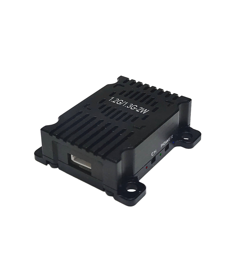 Black FPV VTX video transmitter module with heat sink and mounting tabs