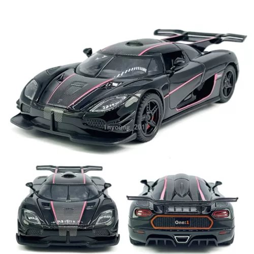 Black diecast toy sports car model with pink trim, front view and rear details
